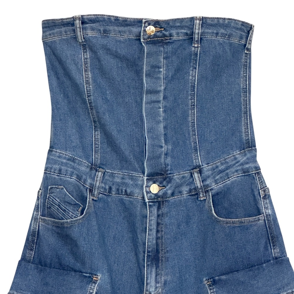 Hip Hop Womens Jumpsuit L Blue Denim Strapless‎ Cargo Pockets  Retro Streetwear - Picture 3 of 14